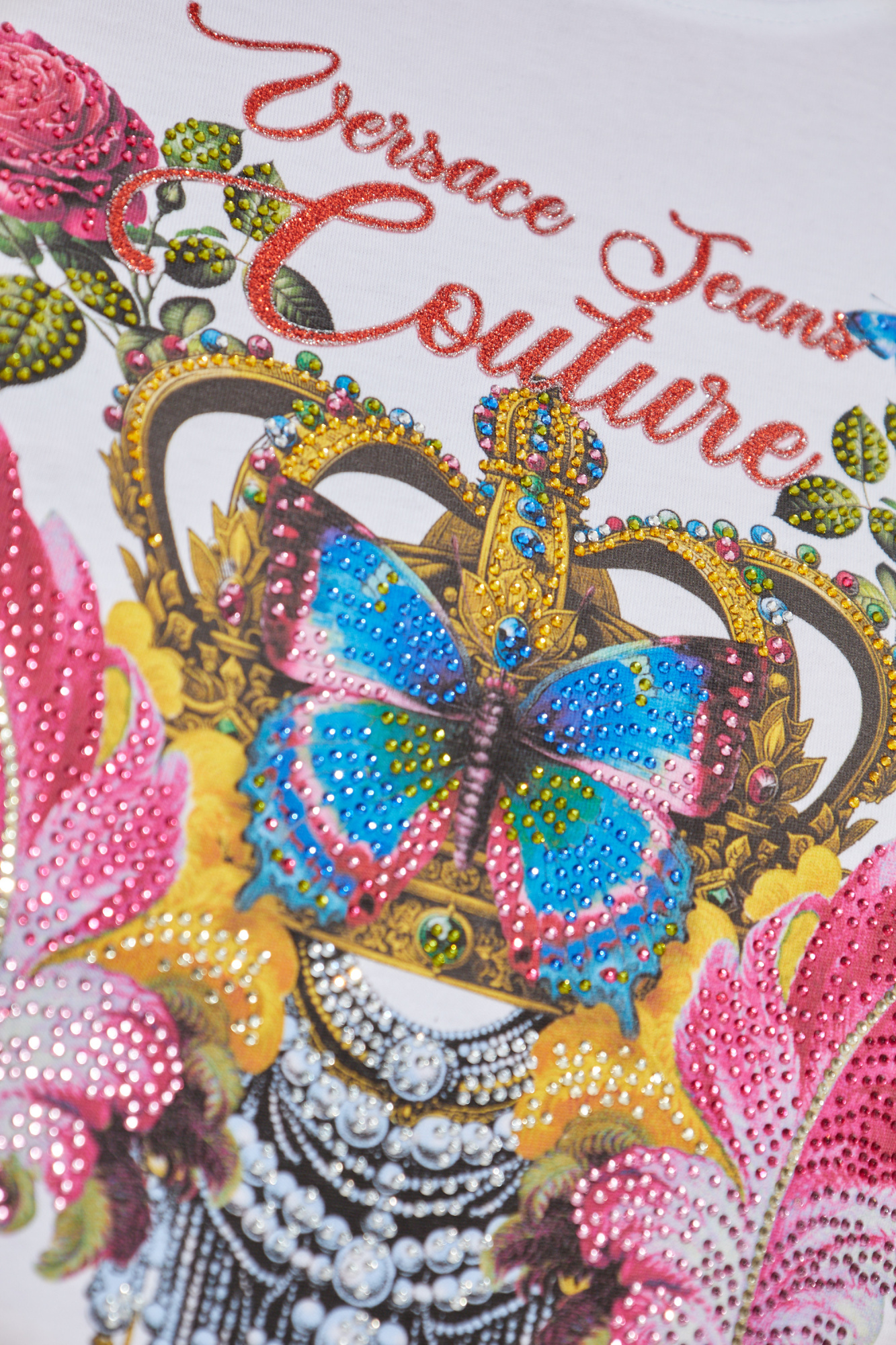 White T-shirt with print and shimmering appliqués Versace